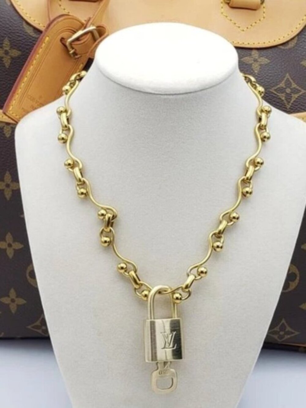 Stainless Steel Gold-Plated Necklace with Authentic Louis Vuitton Padlock